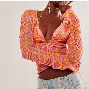 Free People Trough The Meadow Floral Top Size Medium Ling Sleeve